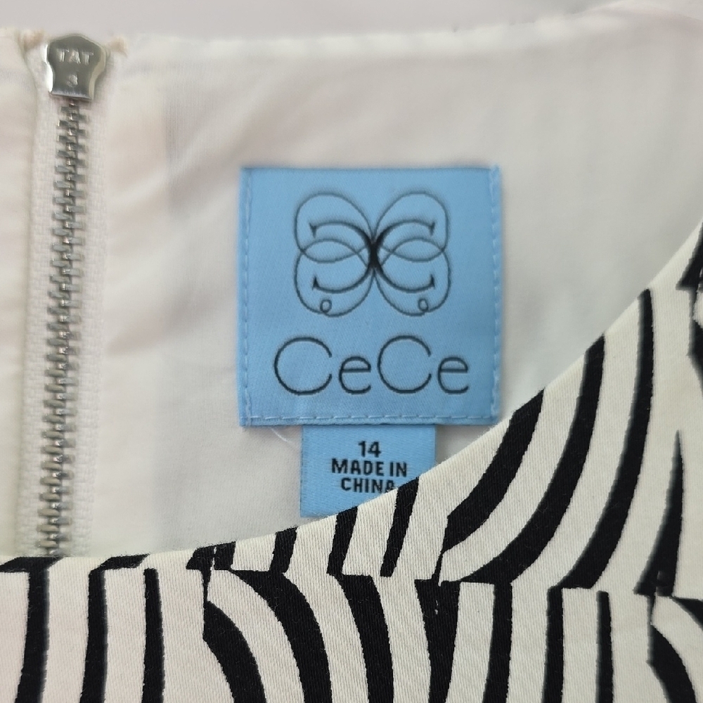 CeCe Black and White Abstract Stripe Cotton Dress. Size 14 - Picture 2 of 11